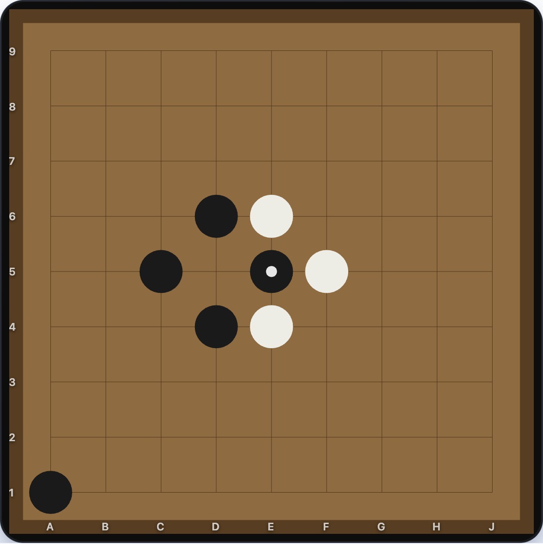 A Go board showing a ko shape, with a single White stone freshly captured and the empty ko point that White may not immediately retake