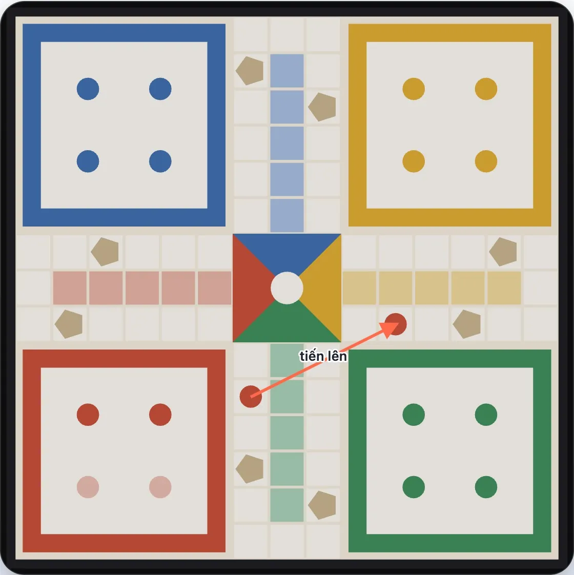 Hai ngựa Đỏ trên đường đi, mũi tên giữa hai ngựa cho thấy chiều di chuyển