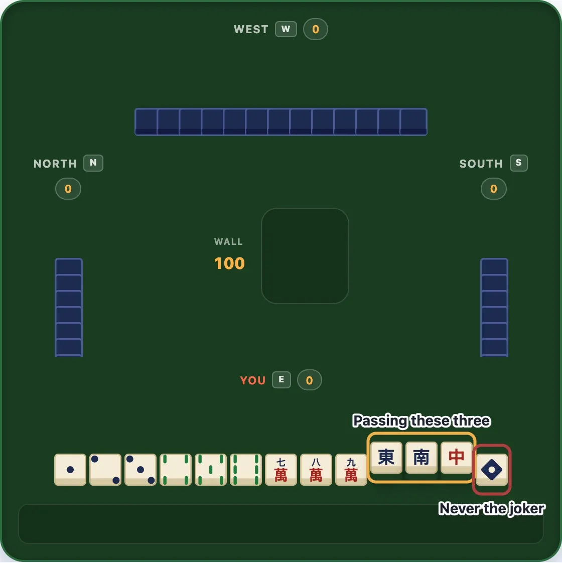 A 13-tile hand with three tiles lifted and outlined, ready to be passed to the next player