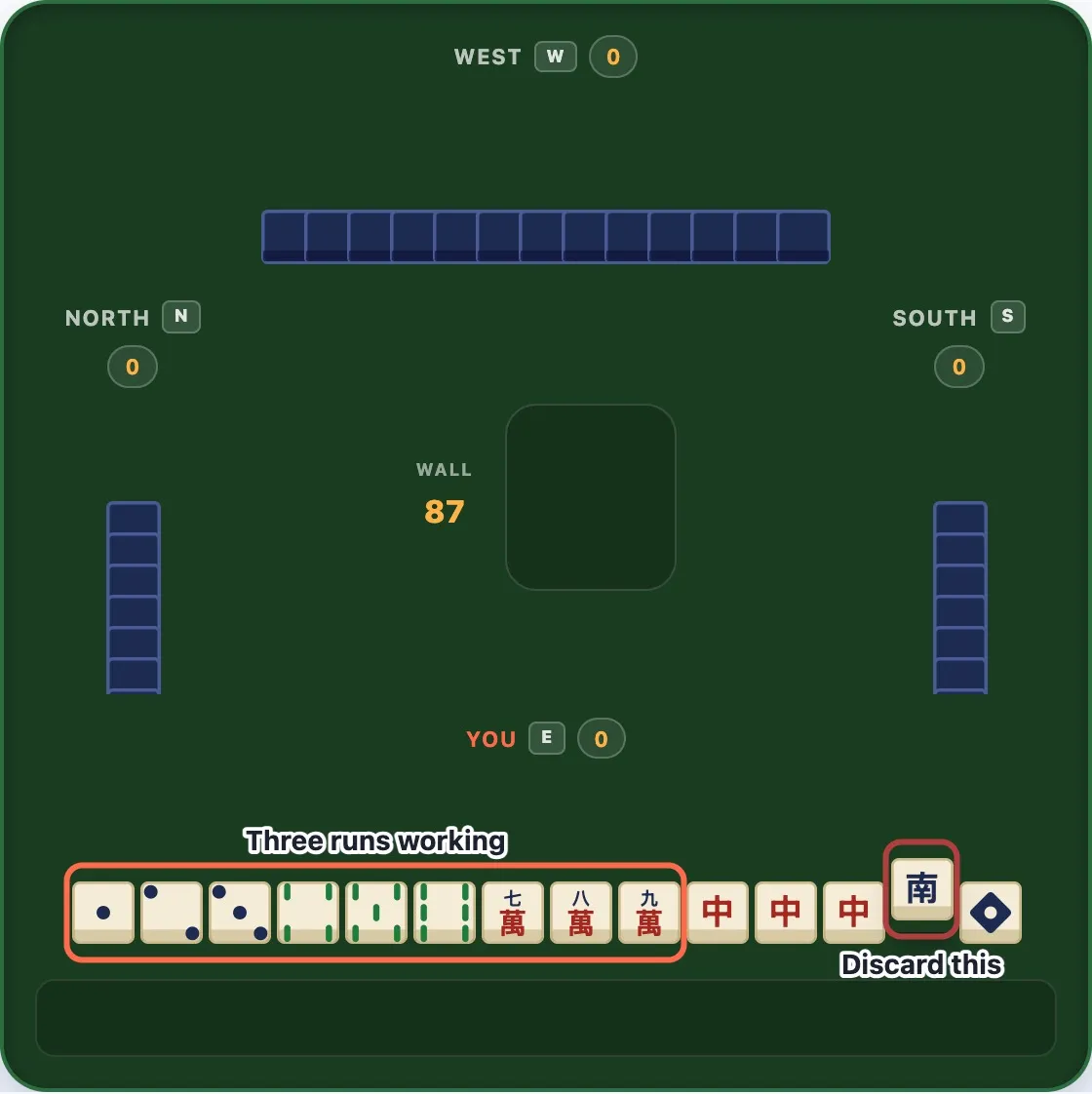 A 14-tile hand with the drawn tile and the tile chosen for discard each outlined