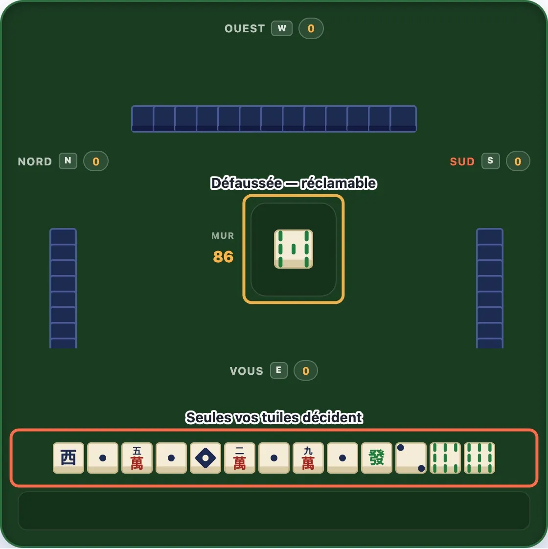 Une table de mahjong où la tuile tout juste défaussée est encadrée et légendée au centre