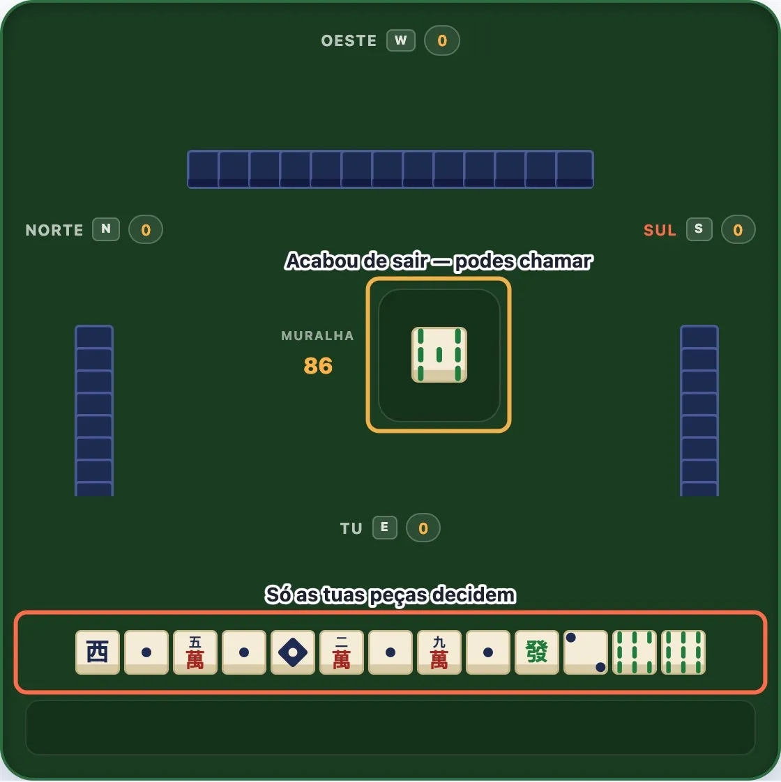 Uma mesa de mahjong com a peça acabada de sair contornada e identificada ao centro