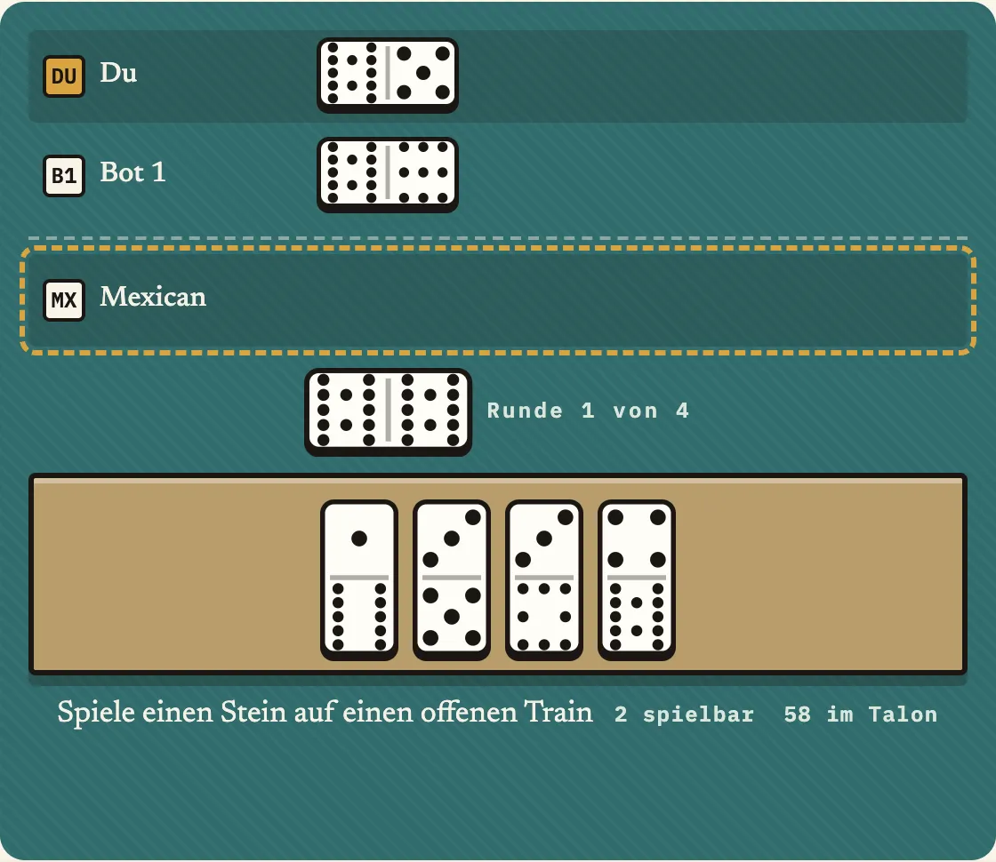 P0s eigener Train bereits eröffnet, mit dem noch nicht gestarteten Mexican Train als legales Ziel für einen Handstein, der zum Lok-Wert 12 passt