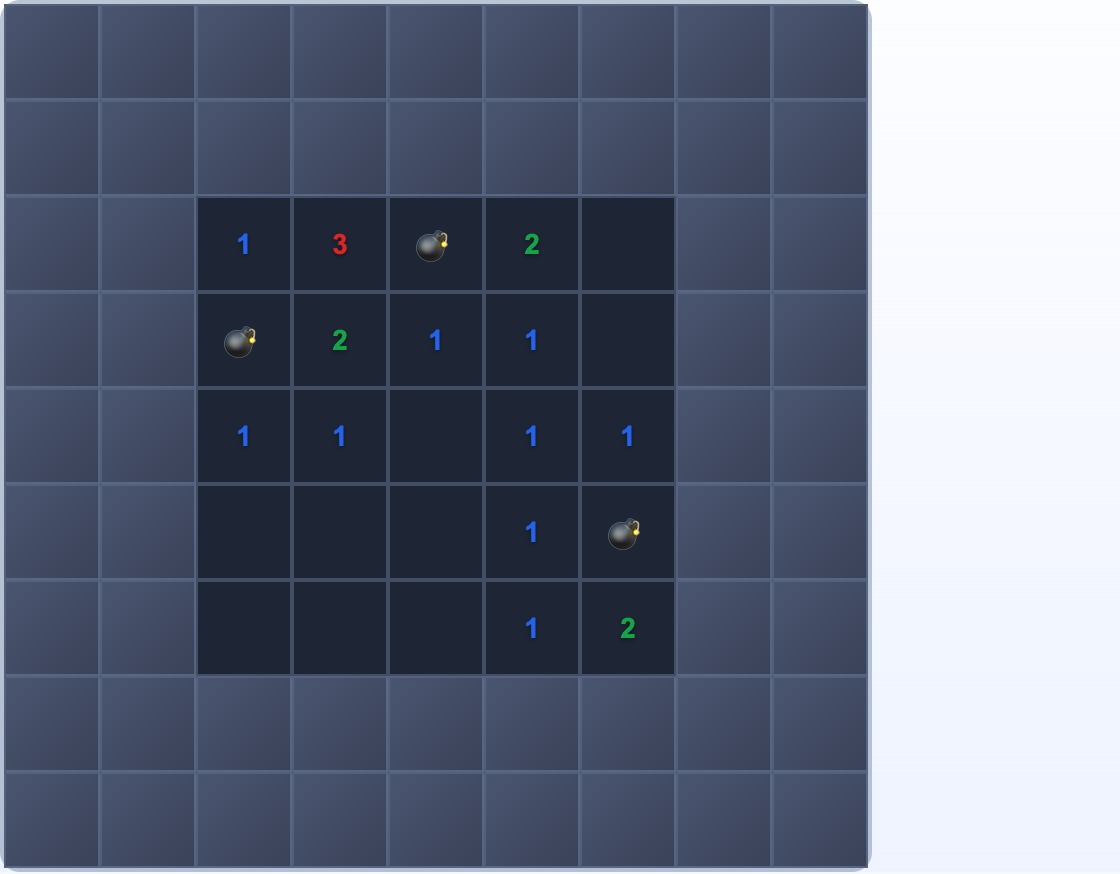 Plansza 9×9 po kliknięciu w centrum, pokazująca dużą kaskadę odkrytych komórek rozchodzącą się na zewnątrz od punktu kliknięcia