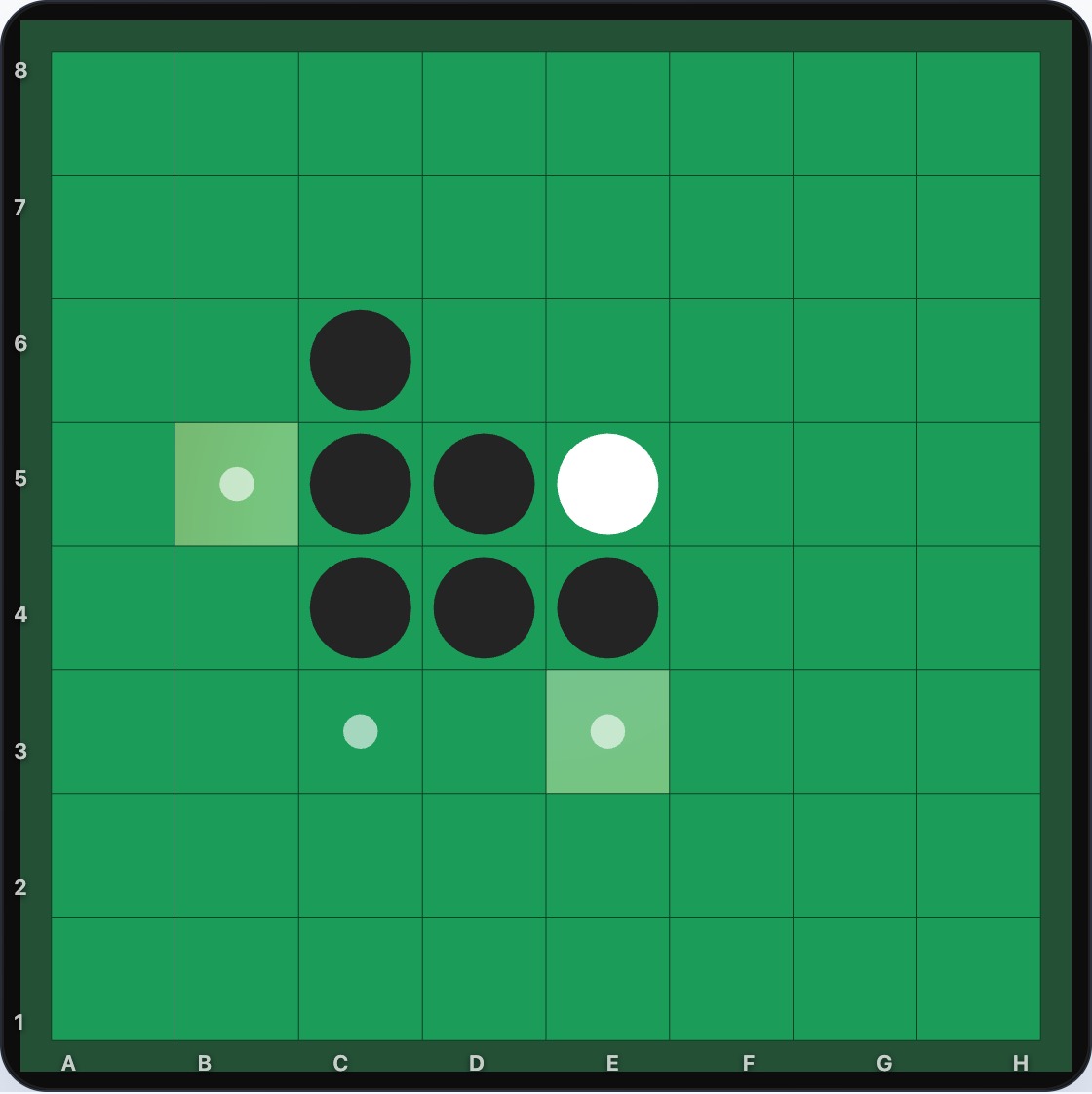 Three legal moves highlighted for White, with E3 marked as the stronger choice