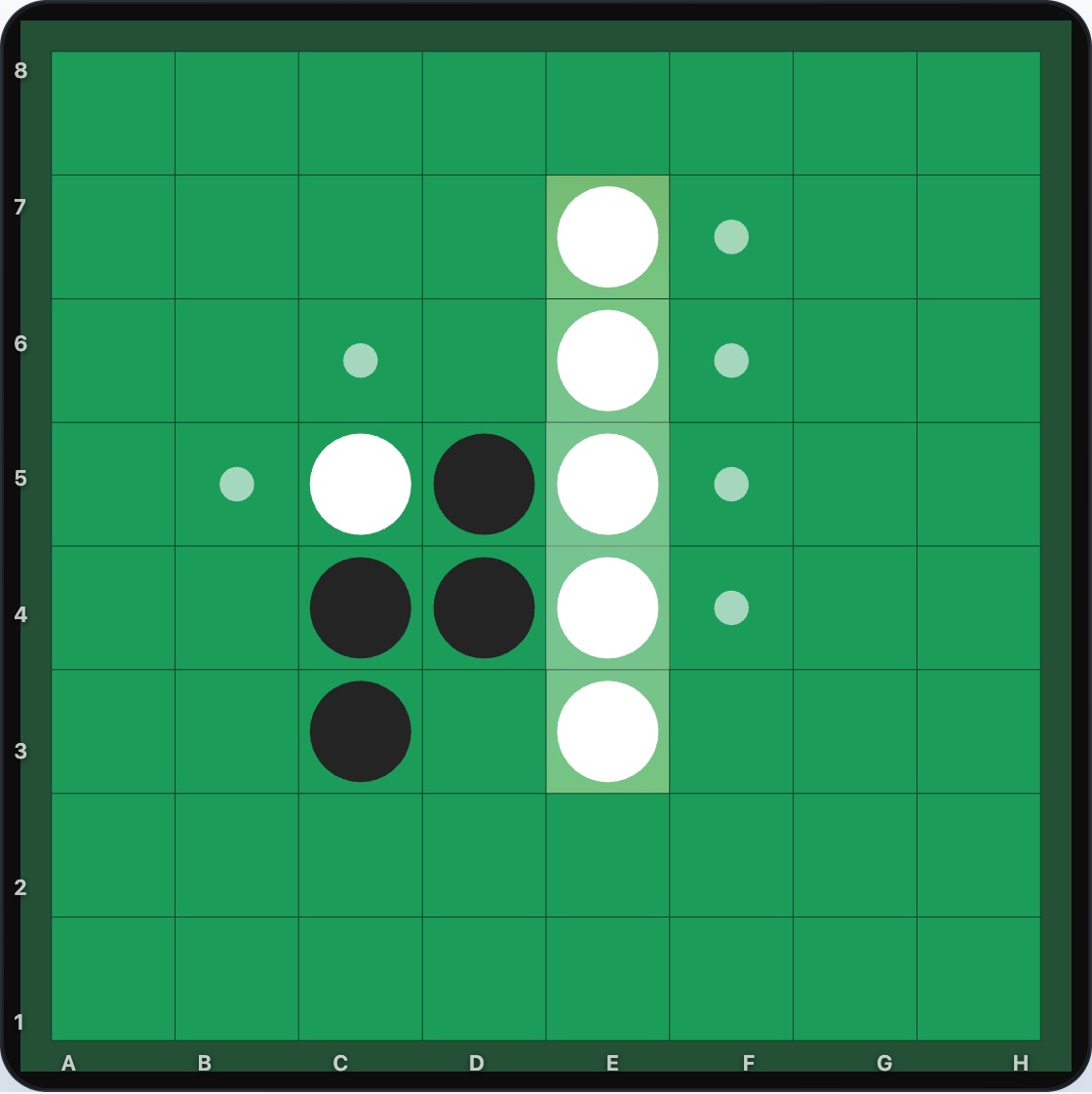 After White sweeps the E-column with E7, Black has six legal replies