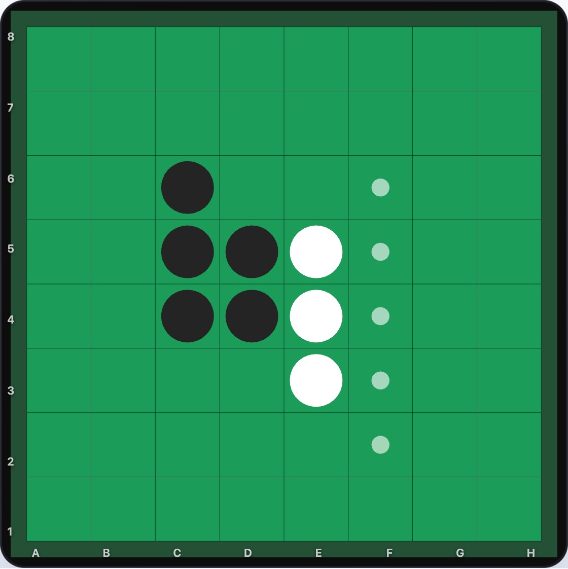 After White plays E3, Black's five legal moves are all clustered on the F-column