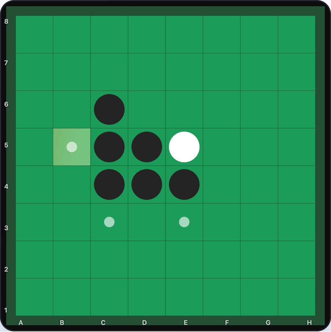 White is squeezed to three moves; B5 is highlighted as the one that leaves White with the weakest follow-up