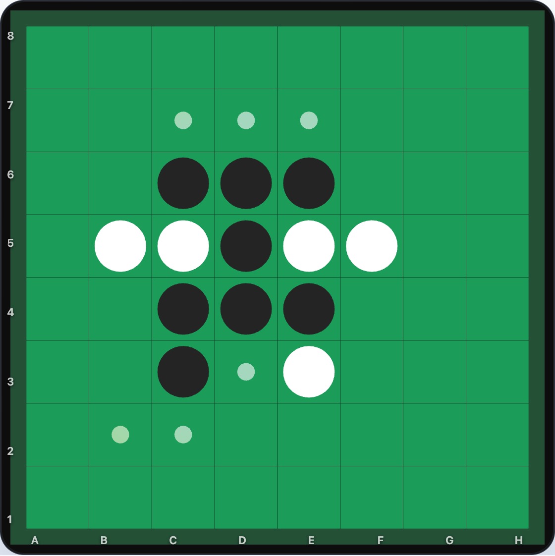 A late-game position where one Black move leaves White with no legal move; "White must pass" is shown