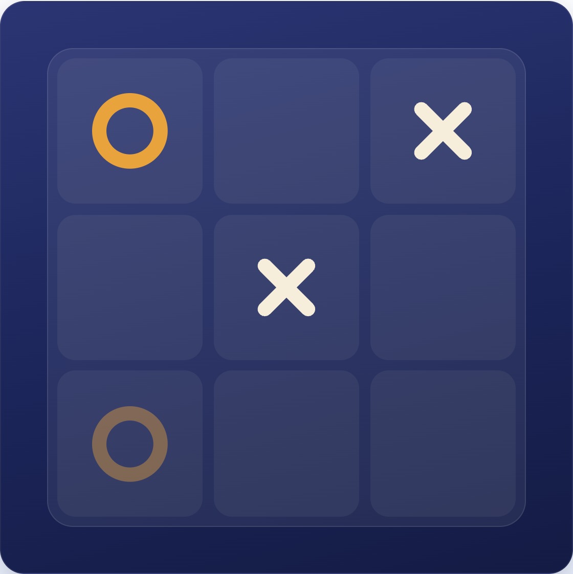 X punya tanda di tengah dan di sudut kanan atas; O, yang punya tanda di sudut kiri atas, memblokir di sudut kiri bawah