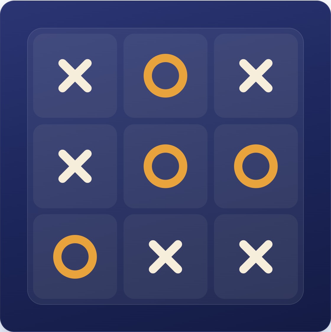 Papan Tic-Tac-Toe yang penuh dengan lima tanda X dan empat tanda O, tanpa tiga sebaris
