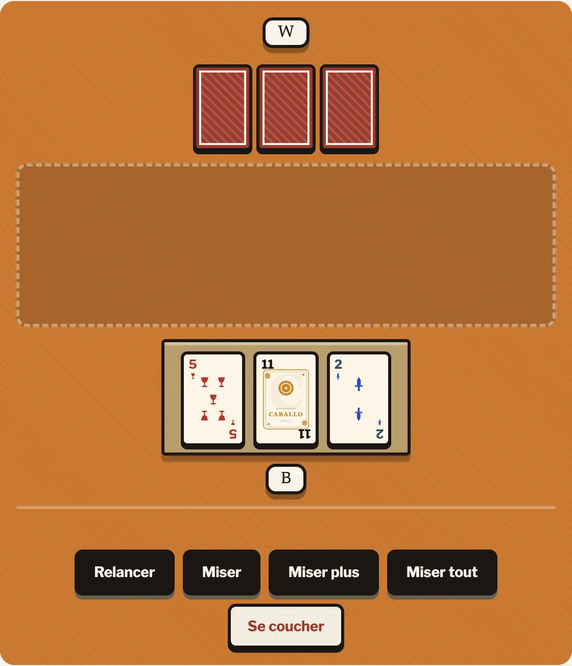 Début d'une manche : les trois cartes du joueur B face visible en tant que Mano sur le point d'ouvrir, les trois cartes du joueur W face cachée