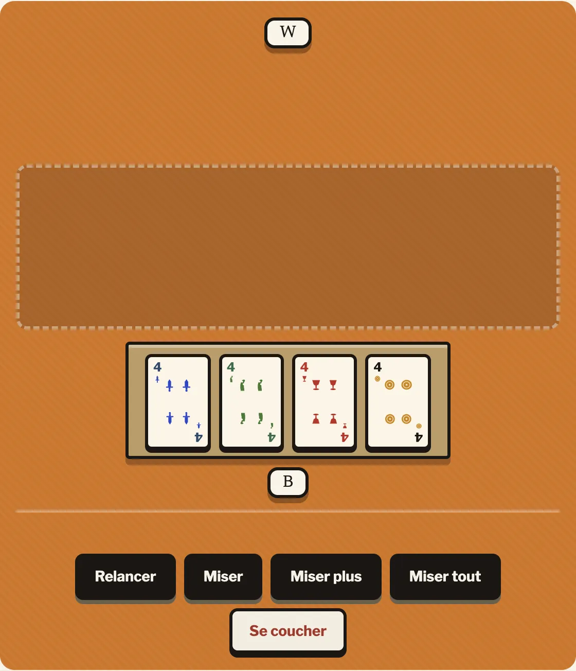 Une carte de chacune des quatre couleurs du Truco : espadas (épées), bastos (bâtons), copas (coupes) et oros (pièces d'or)