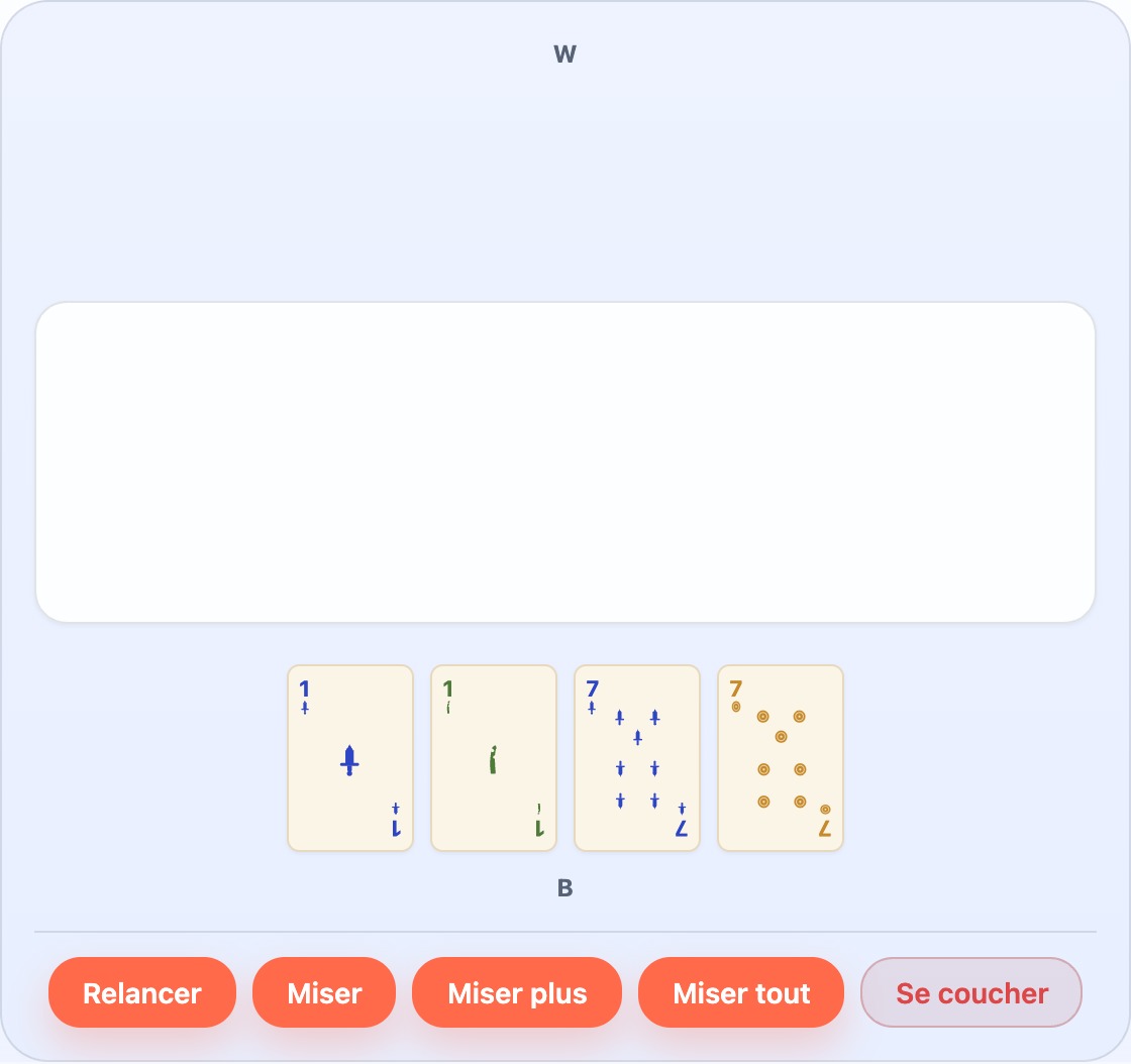 Les quatre cartes individuelles les plus fortes du Truco, classées de gauche à droite : 1 de Espada, 1 de Basto, 7 de Espada, 7 de Oro