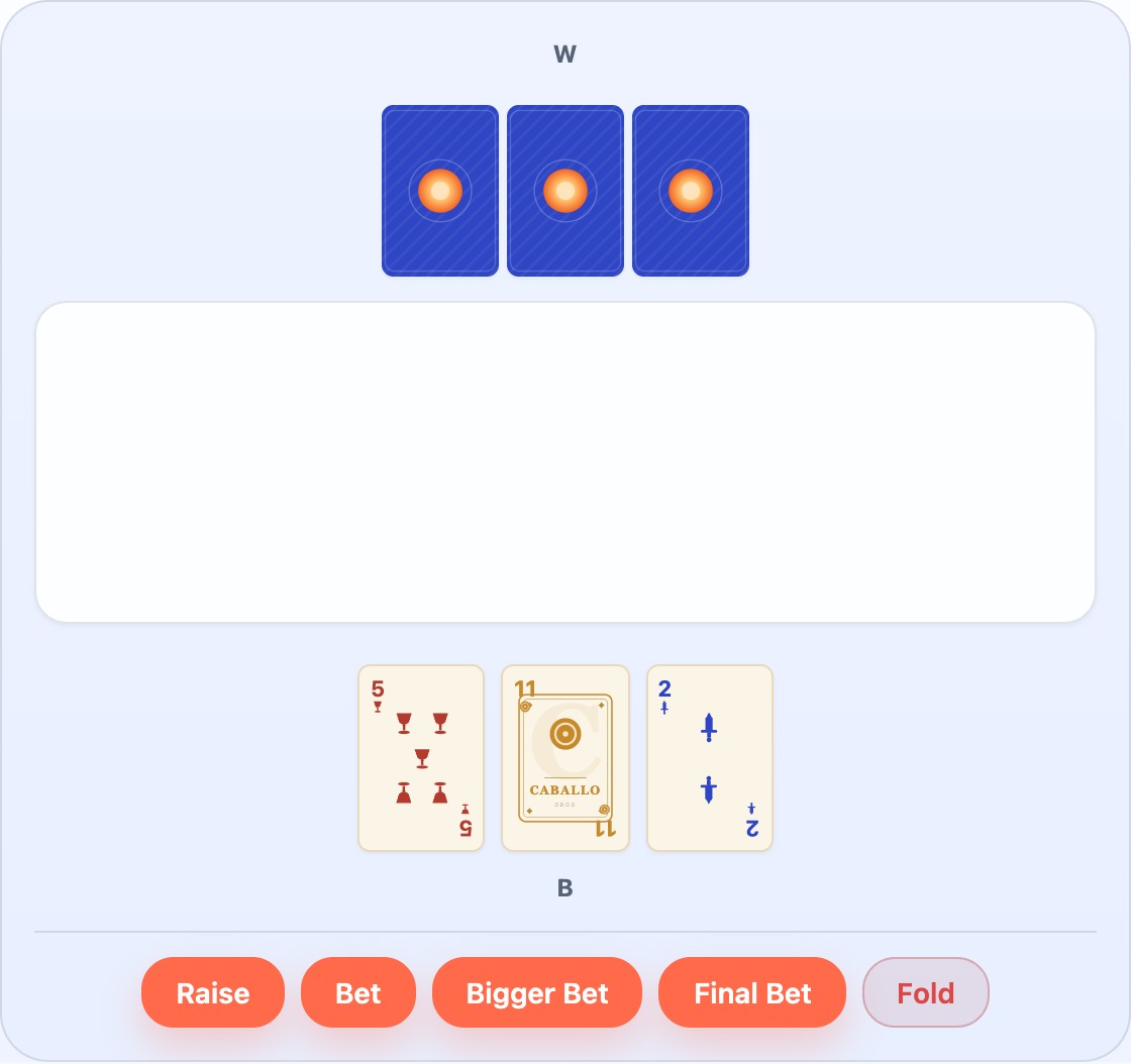 The start of a round: Player B's three cards face-up as the Mano about to lead, Player W's three cards face-down