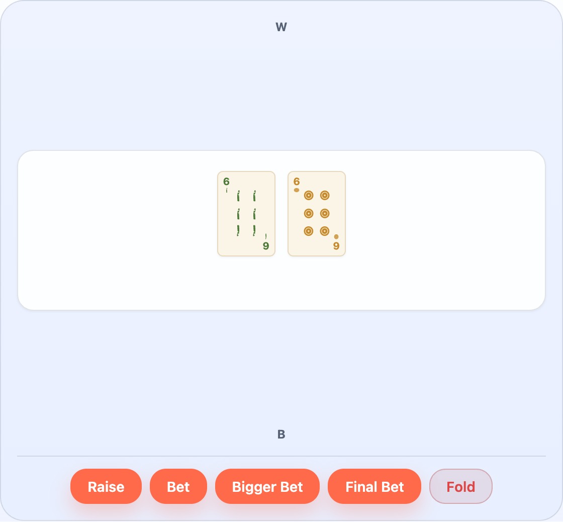 Trick 3, the final trick, ends in a parda between two 6s — the Mano, Player B, wins the round despite never winning a trick outright