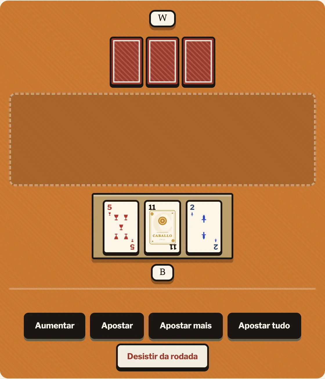 Início de uma rodada: as três cartas do jogador B viradas para cima como Mano prestes a jogar, as três cartas do jogador W viradas para baixo