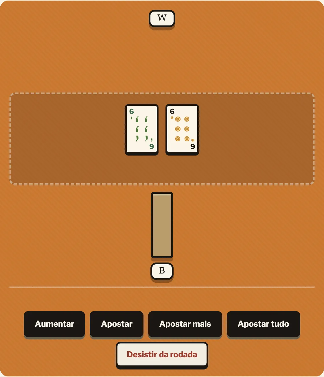 A vaza 3, a última, termina em parda entre dois 6 — a Mano, jogador B, vence a rodada mesmo sem nunca ter vencido uma vaza de forma clara