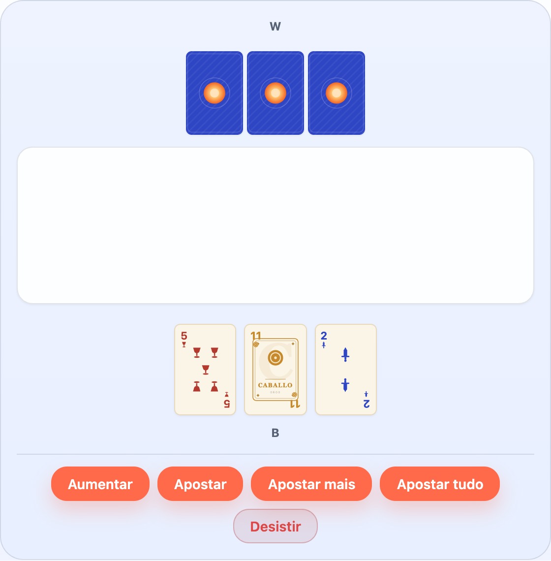 Início de uma ronda: as três cartas do jogador B viradas para cima como Mano prestes a jogar, as três cartas do jogador W viradas para baixo
