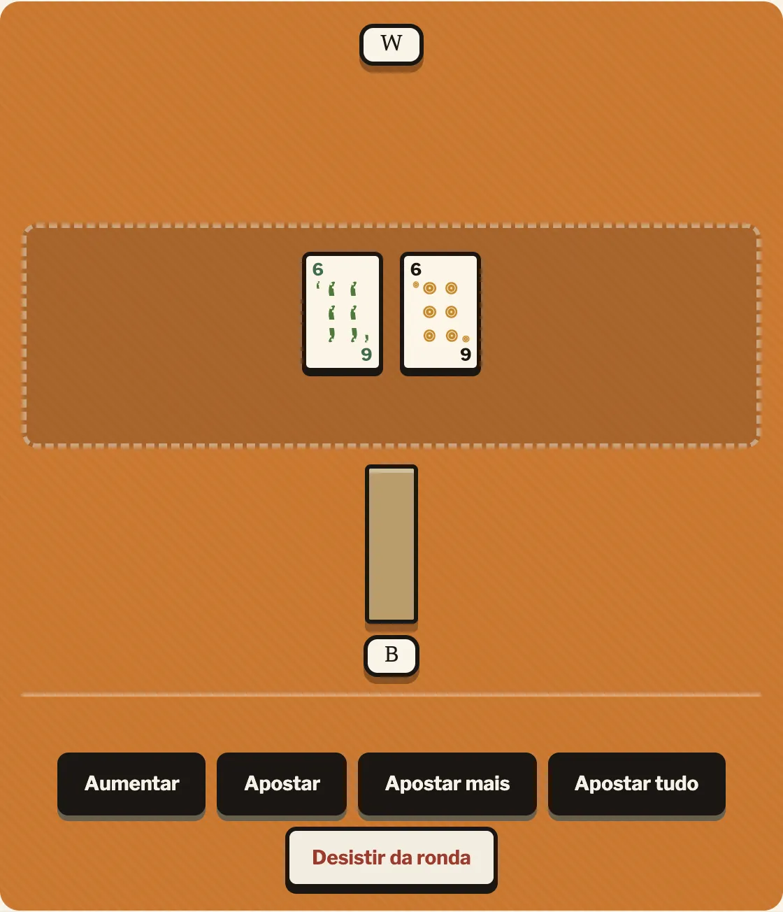 A vaza 3, a última, termina em parda entre dois 6 — a Mano, jogador B, ganha a ronda mesmo sem nunca ter vencido uma vaza de forma clara