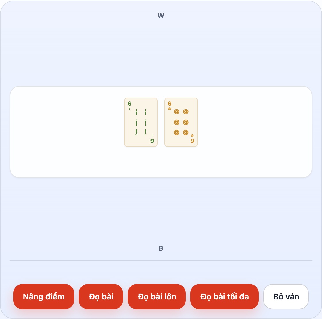 Vòng 3, vòng cuối cùng, là parda giữa hai lá 6: người chơi B là Mano nên thắng ván dù chưa thắng hẳn vòng nào
