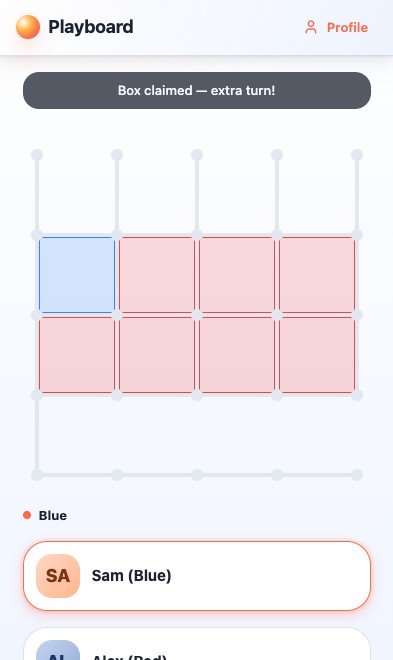 Partida de Dots and Boxes en curso en Playboard móvil