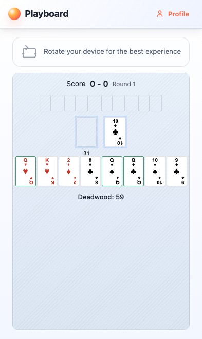 Partida de Gin Rummy en curso en Playboard móvil
