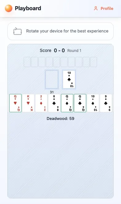 Pertandingan Gin Rummy sedang berlangsung di Playboard versi HP