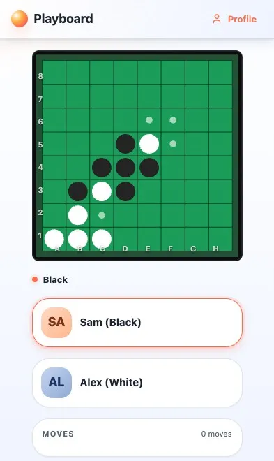 Pertandingan Othello sedang berlangsung di Playboard versi HP
