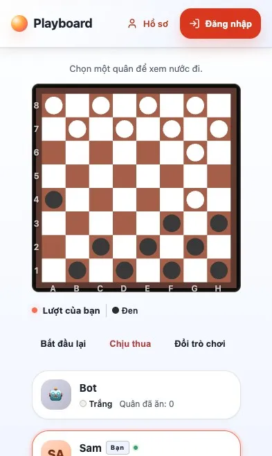 Trận cờ đam đang diễn ra trên Playboard (điện thoại)