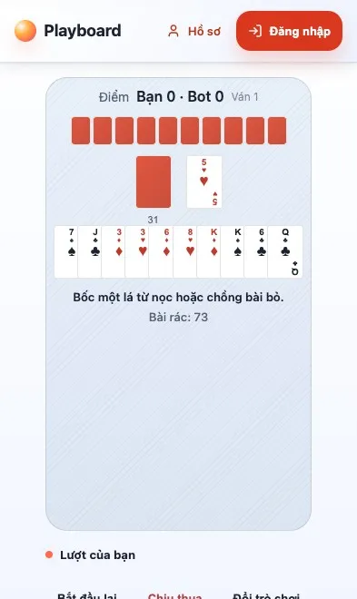 Trận Gin Rummy đang diễn ra trên Playboard (điện thoại)