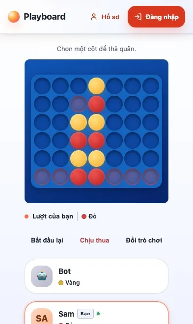 Trận Connect 4 đang diễn ra trên Playboard (điện thoại)